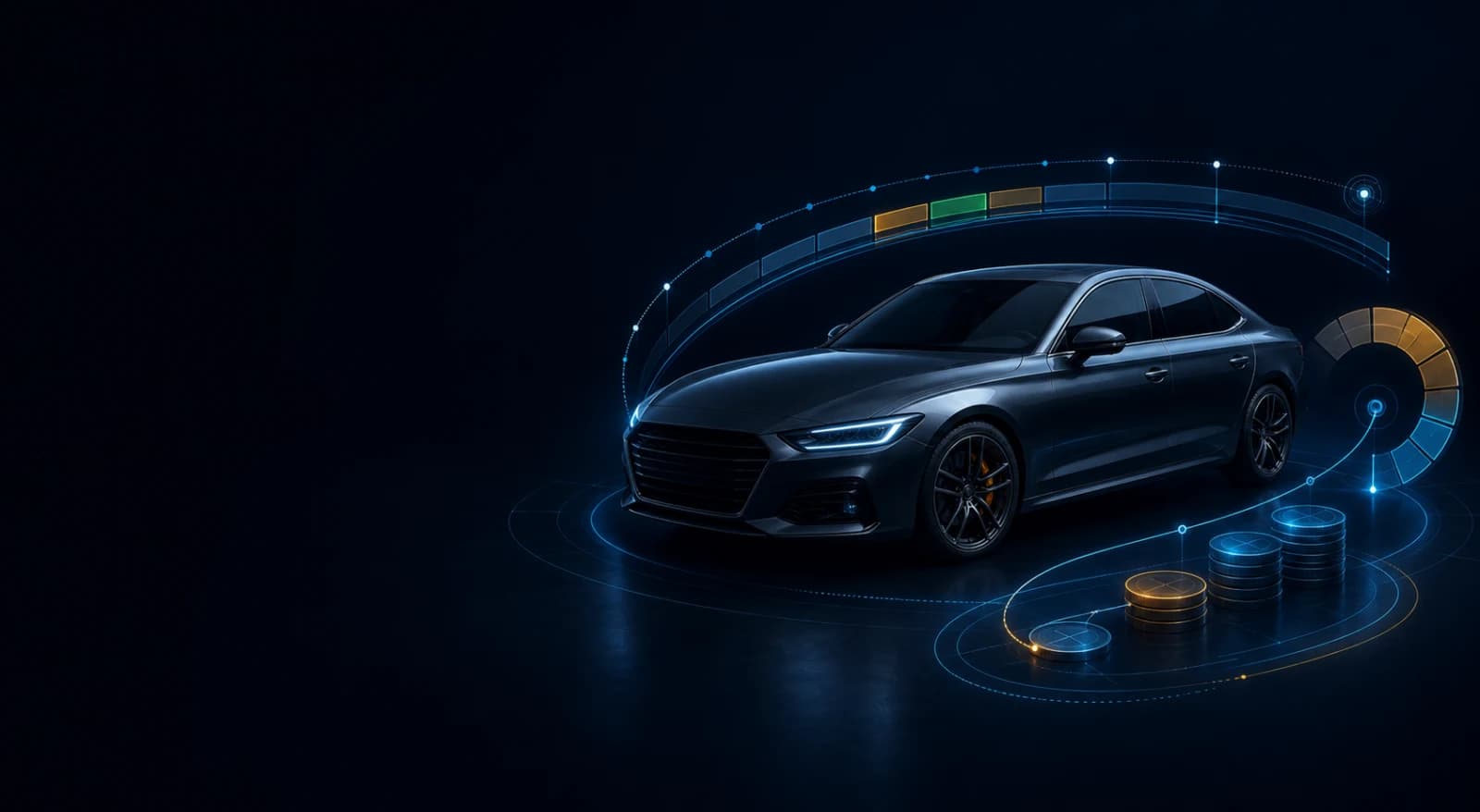 Graphite sedan surrounded by an abstract automotive financing timeline