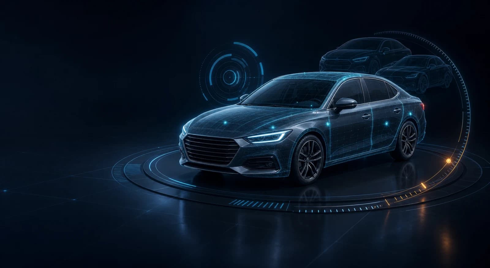 Graphite sedan on an illuminated vehicle appraisal platform