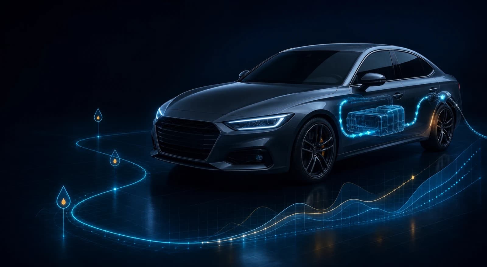 Graphite sedan with a glowing fuel system and efficiency path