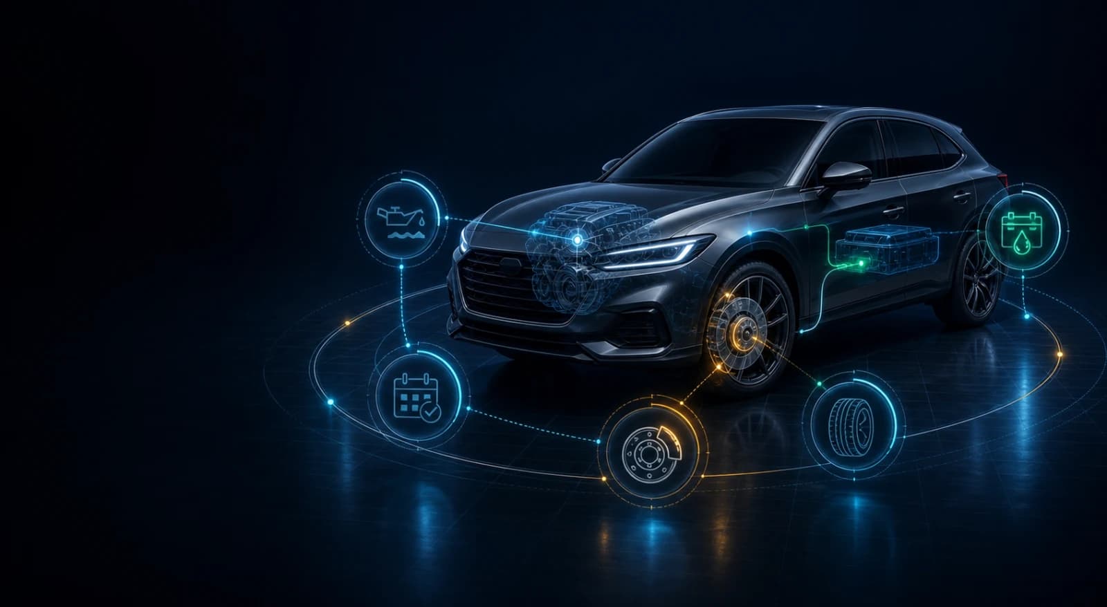 Graphite crossover surrounded by an illuminated automotive maintenance timeline
