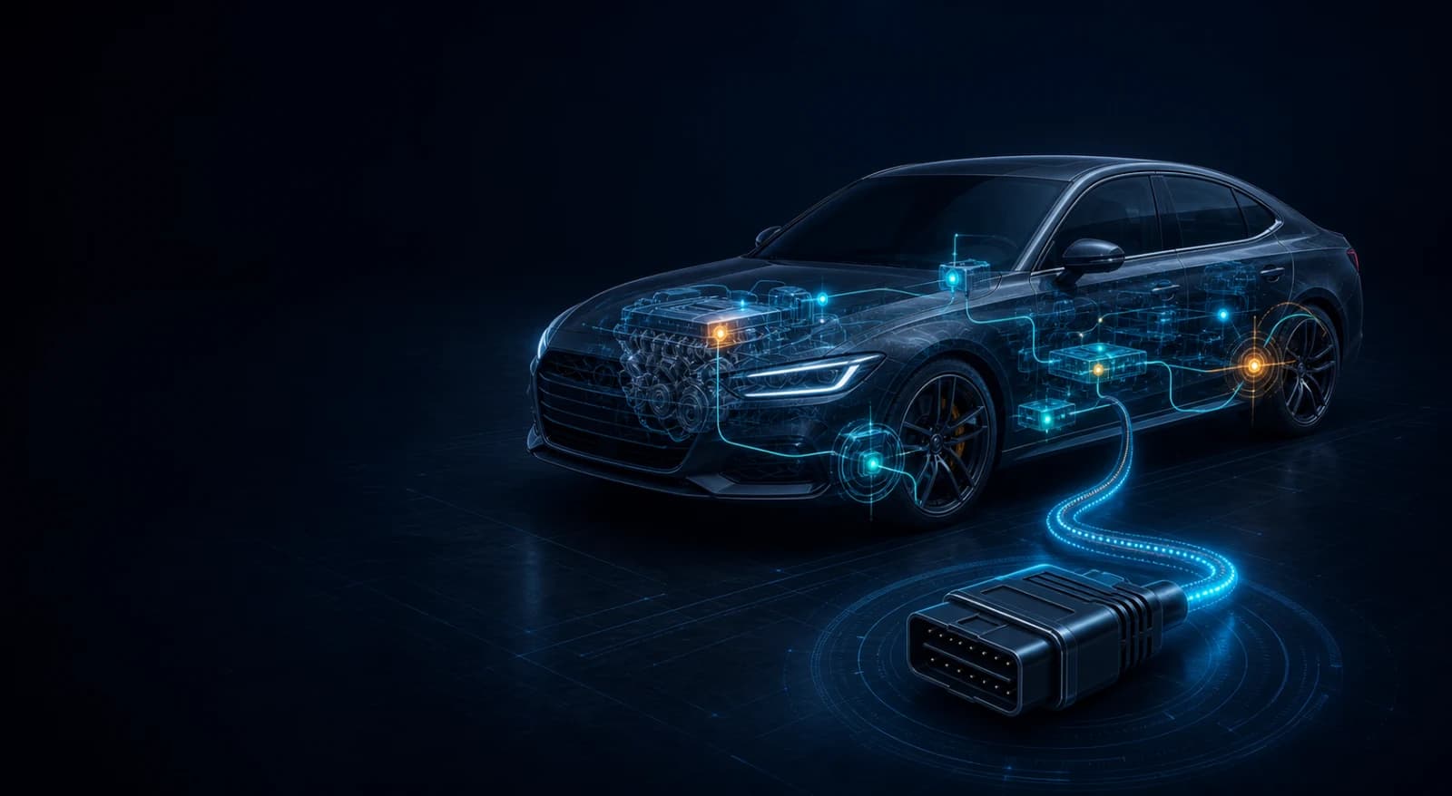 OBD-II connector linked to a graphite sedan and its diagnostic systems