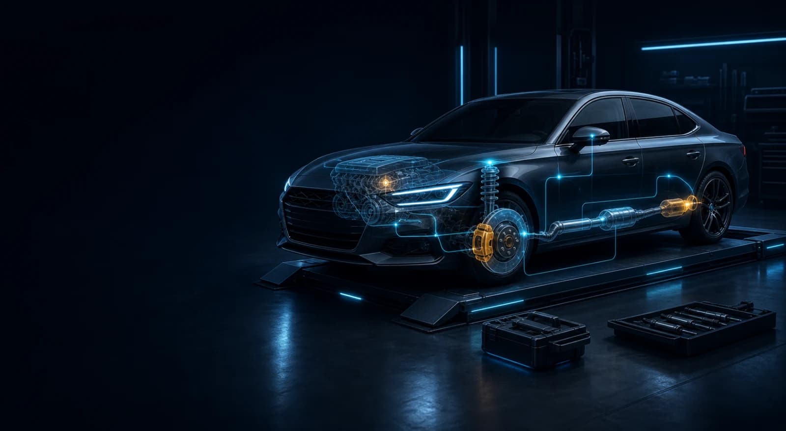 Graphite sedan on a diagnostic service platform with repair systems highlighted