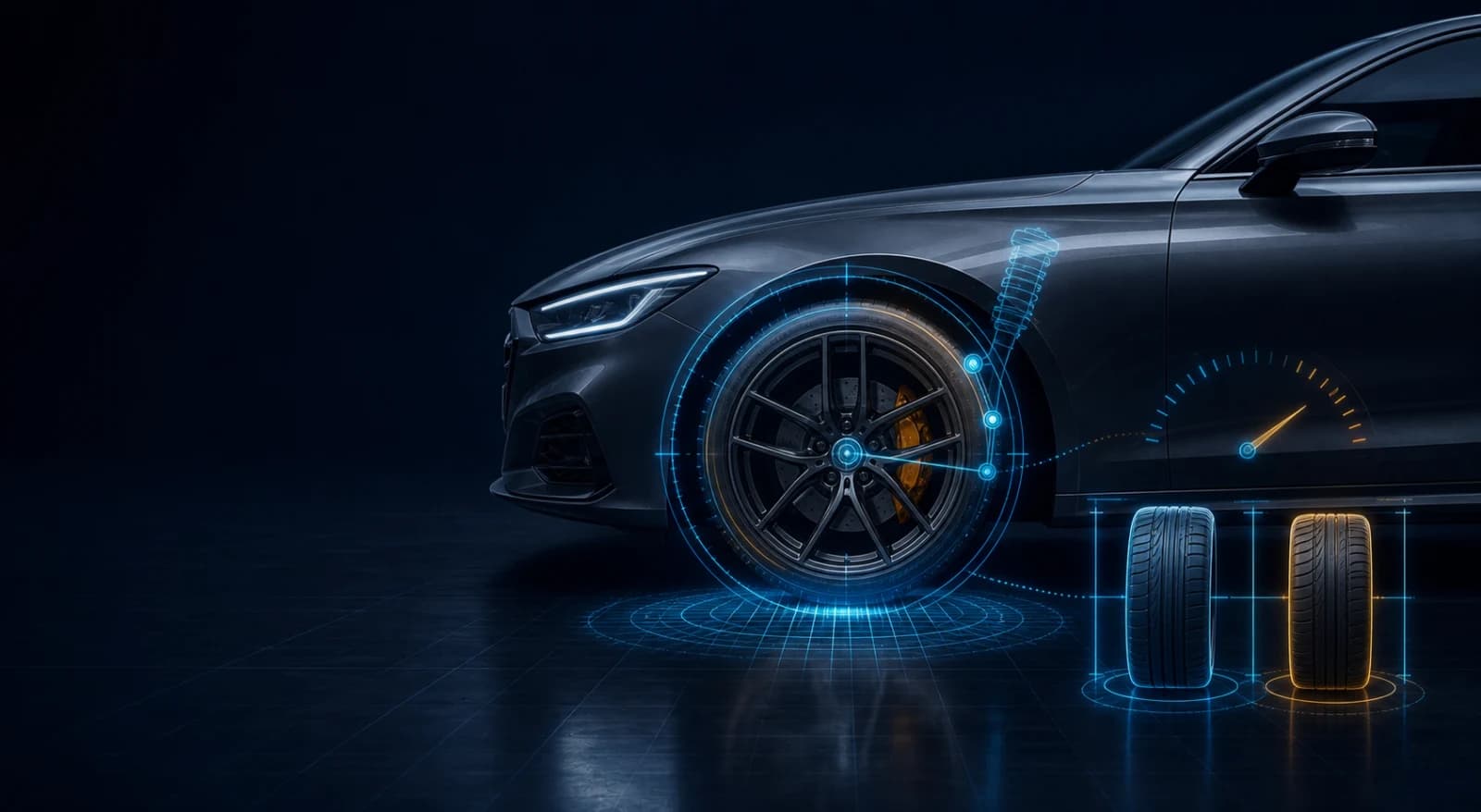 Performance wheel surrounded by tire sizing and speedometer diagnostics
